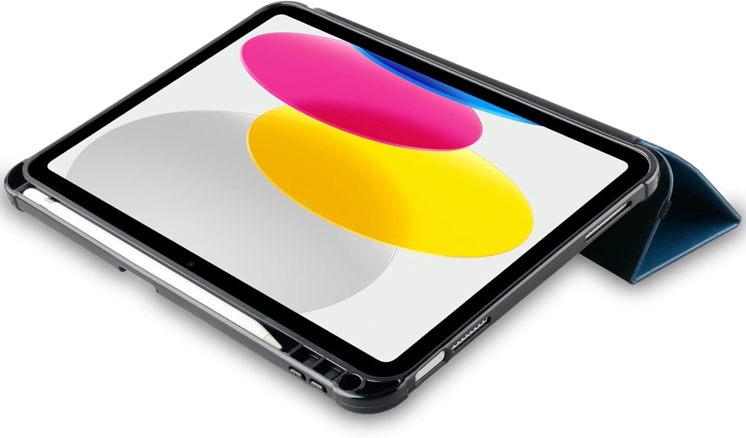 OtterBox React Folio Case holding an iPad in a standing position, side view, with an Apple Pencil stored securely.