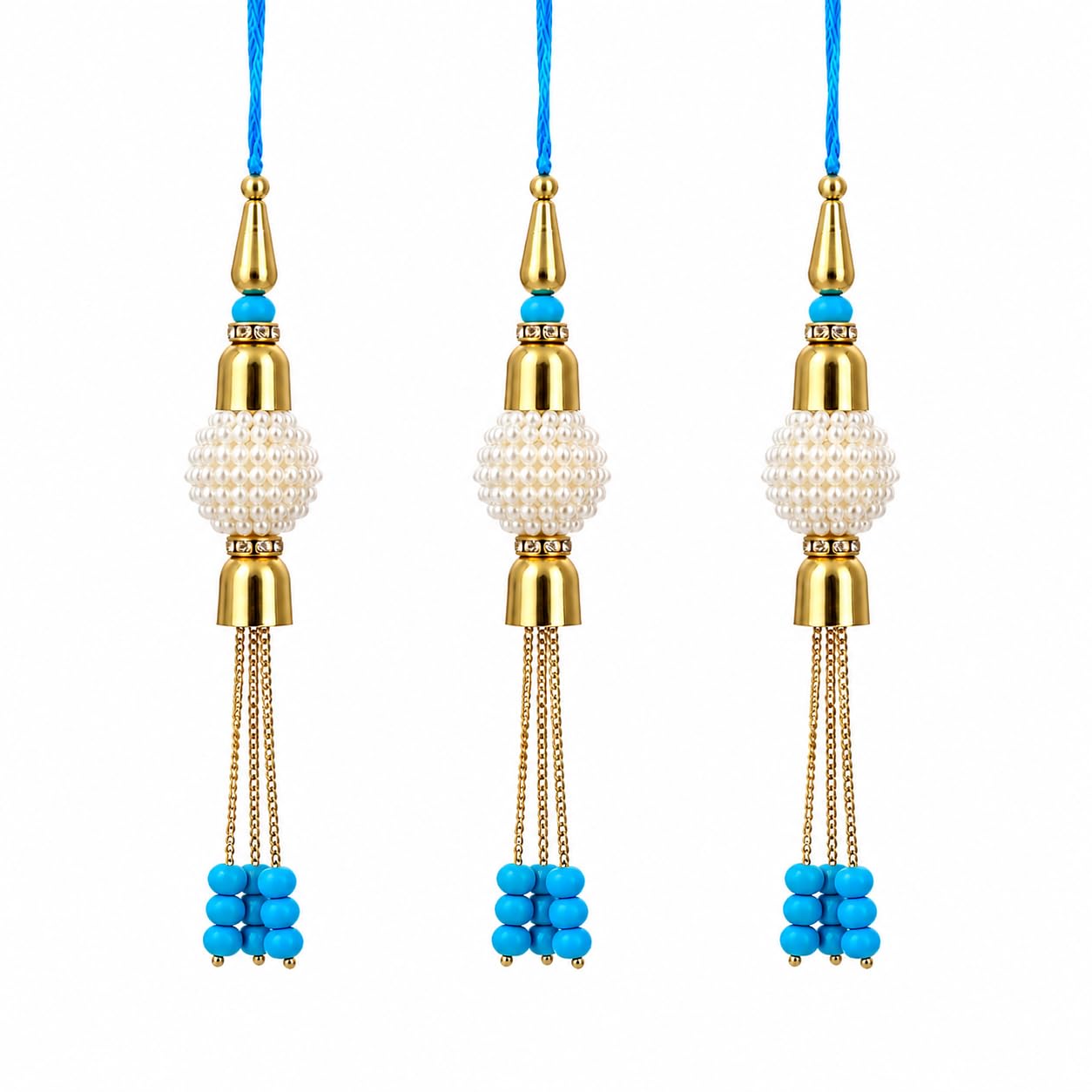 Luxury Pearl Lumba Rakhi for Sister in Law, Premium Handmade Hanging Lumba with Elegant Blue Beads, Raksha Bandhan Gift, Roli Chawal Pack-image-8