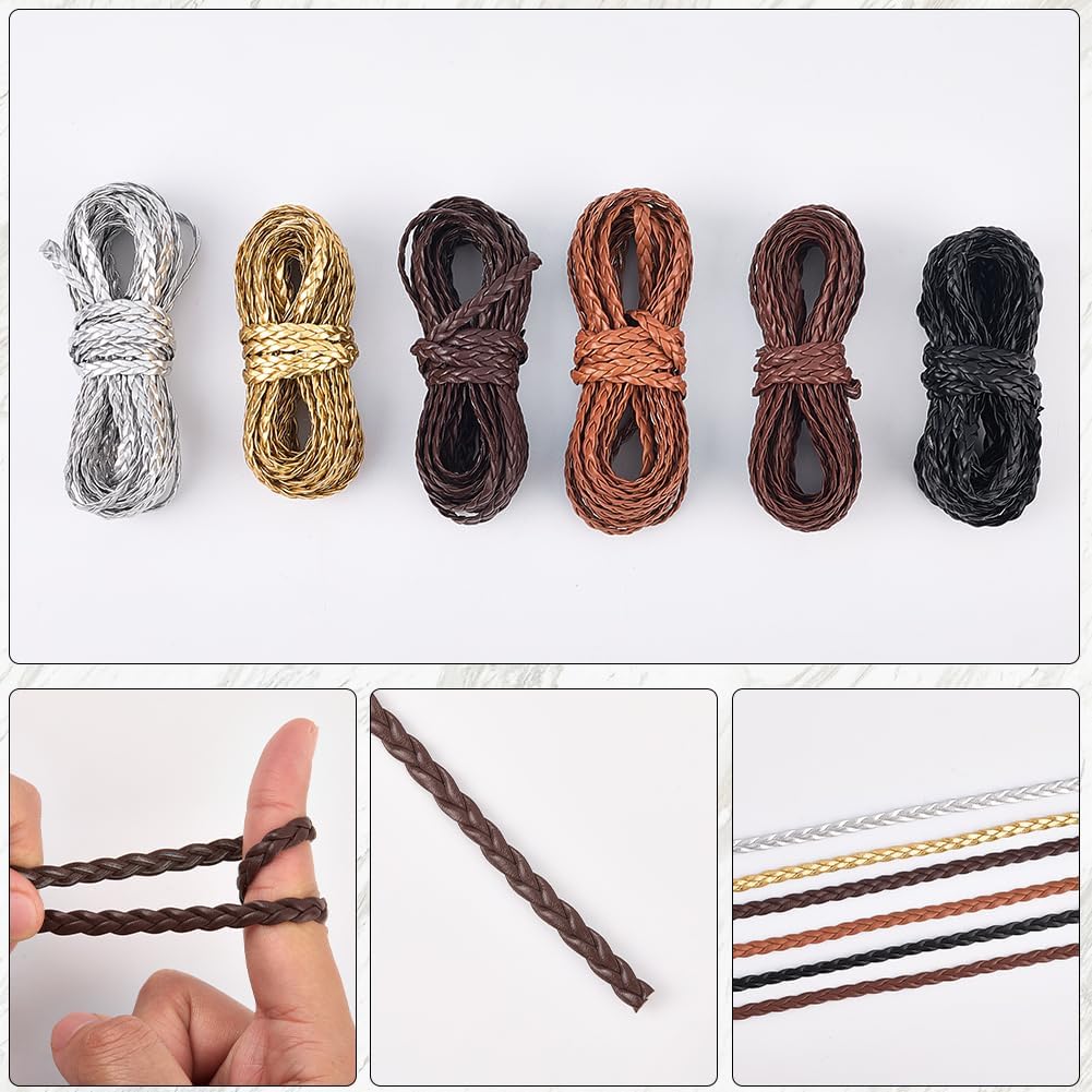 GORGECRAFT 5.5 Yard Braided Leather Rope 5mm Coconut Brown PU Leather Cord 3 Strands Flat Folded Leatherette String Thread for DIY Braiding Crafts Bracelet Anklets Necklace Jewelry Making Supplies image 5