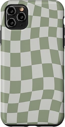 Funda estética para iPhone 11 Pro Max ondulada a cuadros, color verde salvia