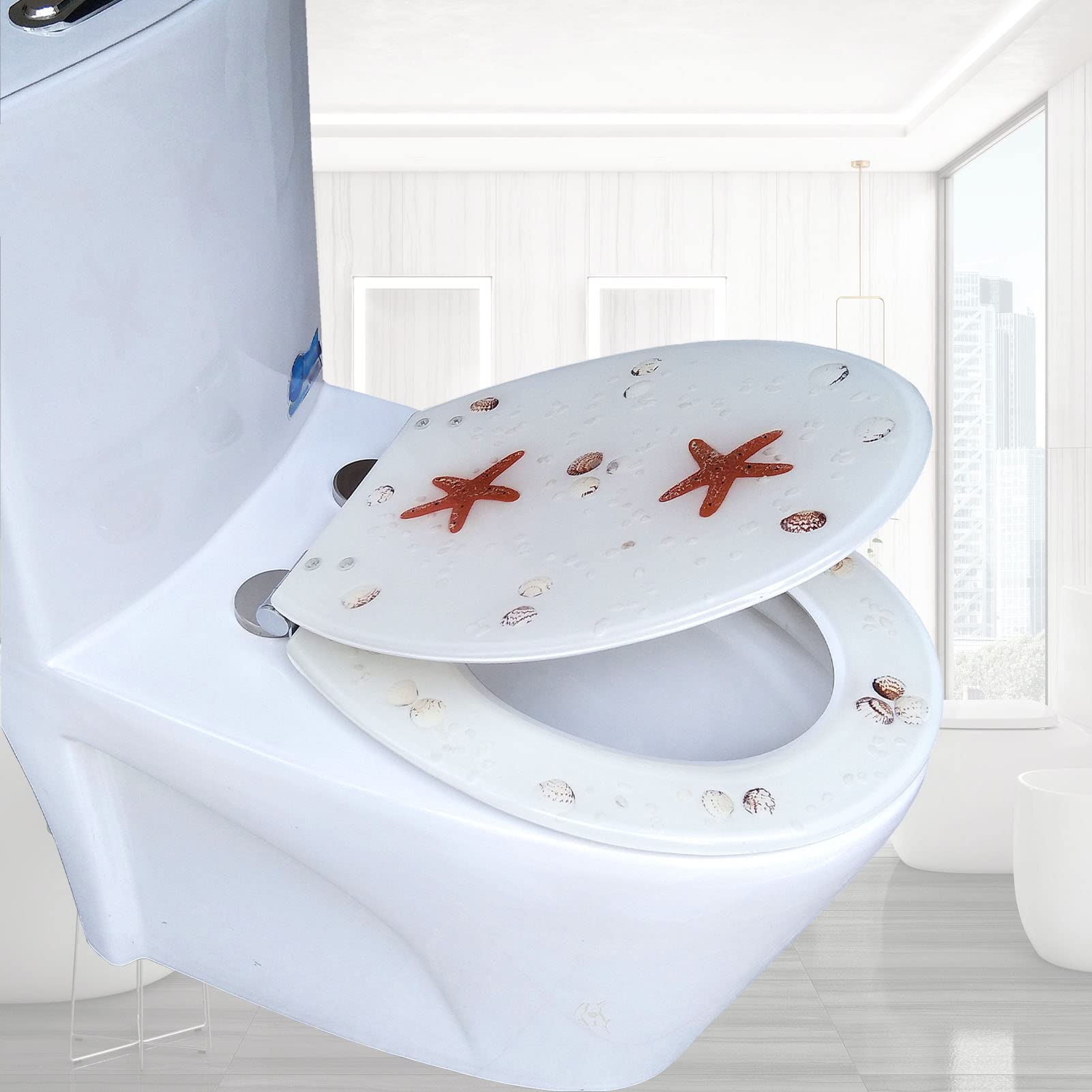 Absenkautomatik, Toilettensitz, leise schließen, robuste Kunststoffschüssel, rutschfeste Stoßstangen, einfache Installation für längliche runde offene Fronttoiletten, verstellbar, leicht, langsam