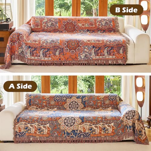 Image of VANJOROY Boho Throw Blanket for Bed Couch 50 inch x 60 inch, 100% Organic Cotton Skin-Friendly Ultra Soft Quilt Orange Throw - Floral Rustic Room Decor Luxury Reversible Blanket for Sofa Chair and Gift