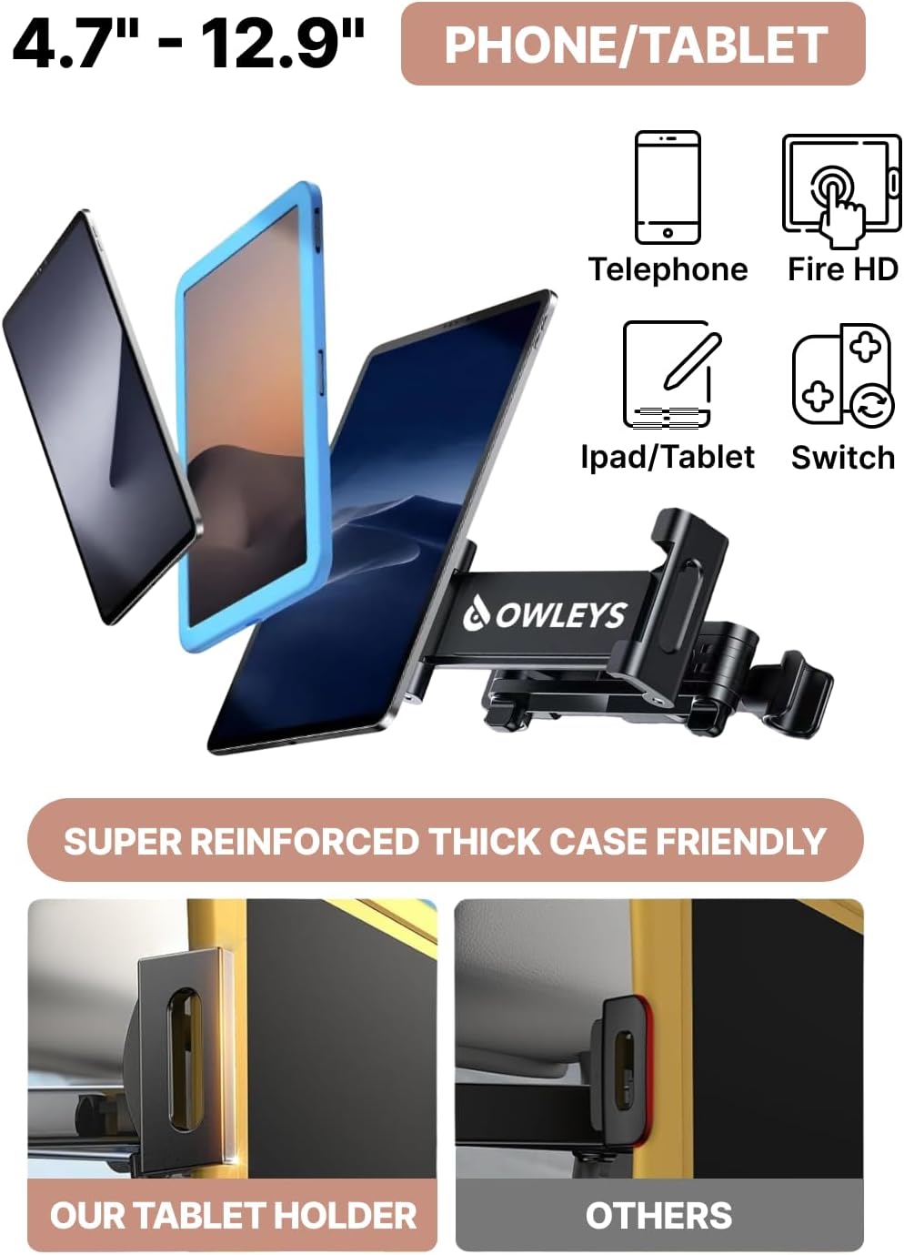 Owleys Tablet Holder for Car Headrest - Car Accessories for Kids - iPad Holder for Car Backseat - Adjustable Tablet Stand - Kids Road Trip Essentials - for iPad Air Pro Mini Galaxy 1pc
