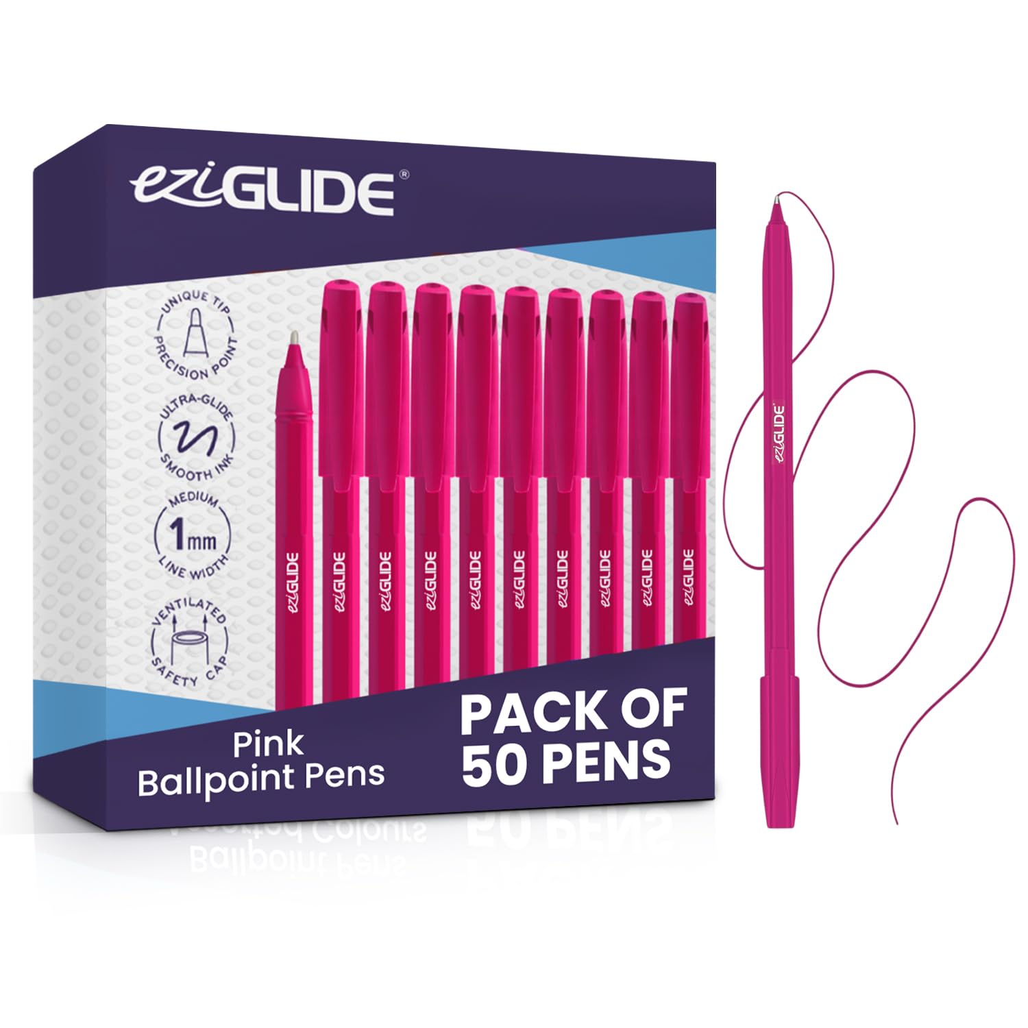 Eziglide 50-Pack Ballpoint Pen Set, Pink – Medium Nib (1.0mm) for Smooth Writing & Unique Tip – Ergonomic Grip, Long-Lasting Ink, Perfect for Home, School, Teachers, Work & Daily Handwriting