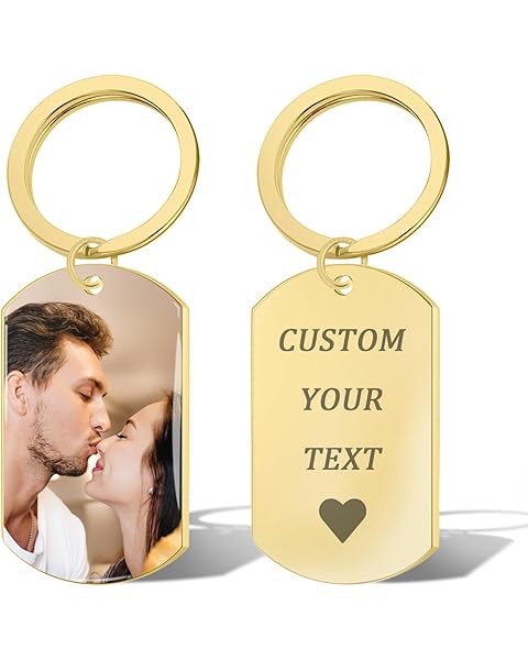 QYH Custom Keychain with Picture - Personalized Key Chain Laser Engraved Photo Text Gold Keychains Customized Gifts for Men