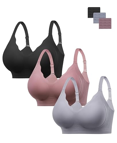 HBselect Wireless Jelly Bras for Women Comfy Seamless Push Up Tshirt Bras | 3PCS Womens Bras No Underwire, Everyday Comfort, Support Soft Gel, Convertible Invisble, Push Up, Scalloped Lift, Sports - Large - Black/Blue/Lotus Pink
