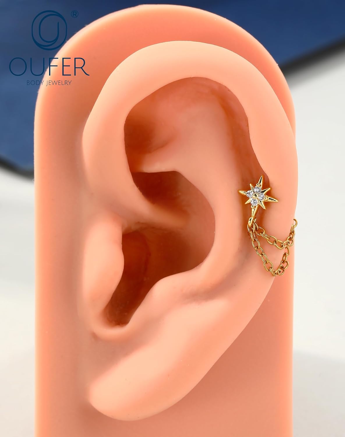 OUFER 16G Chain Cartilage Piercing Jewelry-316L Surgical Steel Gold Flat Back Push Pin Helix Earring, Star Clear CZ Double Chain Lobe Piercing Jewelry - Image 6