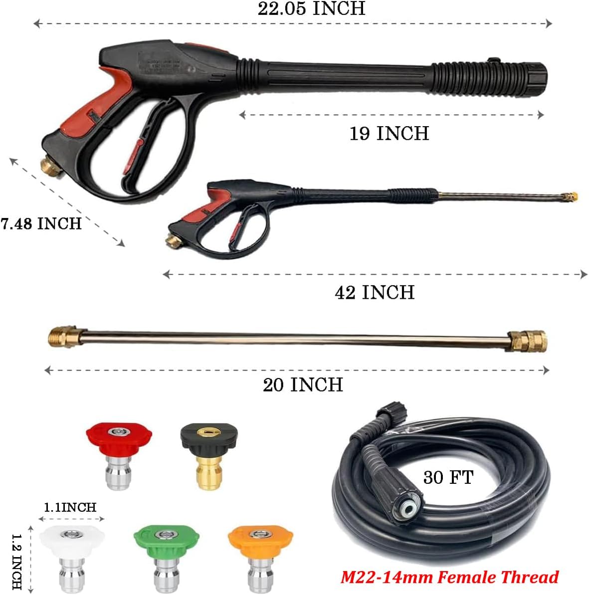 Pressure Washer Gun and Hose Kit with Extension Wand, 4000 PSI Pressure Washer Hose and Wand, 30 Ft (9M) Hose, 5pcs Quick Connect Nozzle Tips, M22-14mm Connector