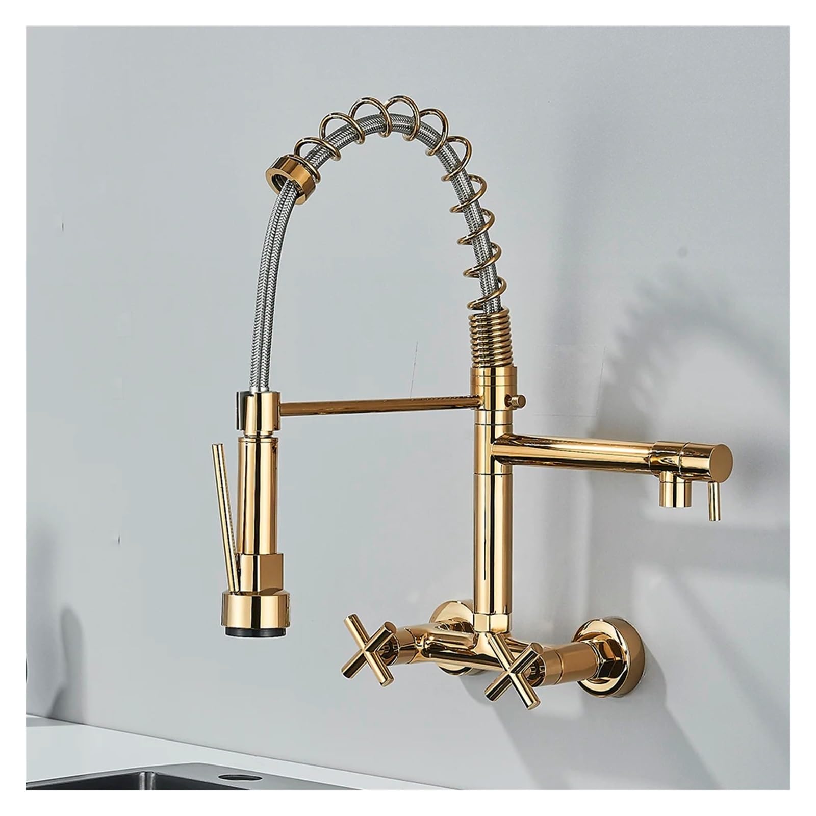 FCXWEVR Wall-Mounted Black and Gold Kitchen Faucet Pull-Down Sink Mixer Hot and Cold Water Tap Spring Design with Dual Swivel Spouts Modern Kitchen Fixture