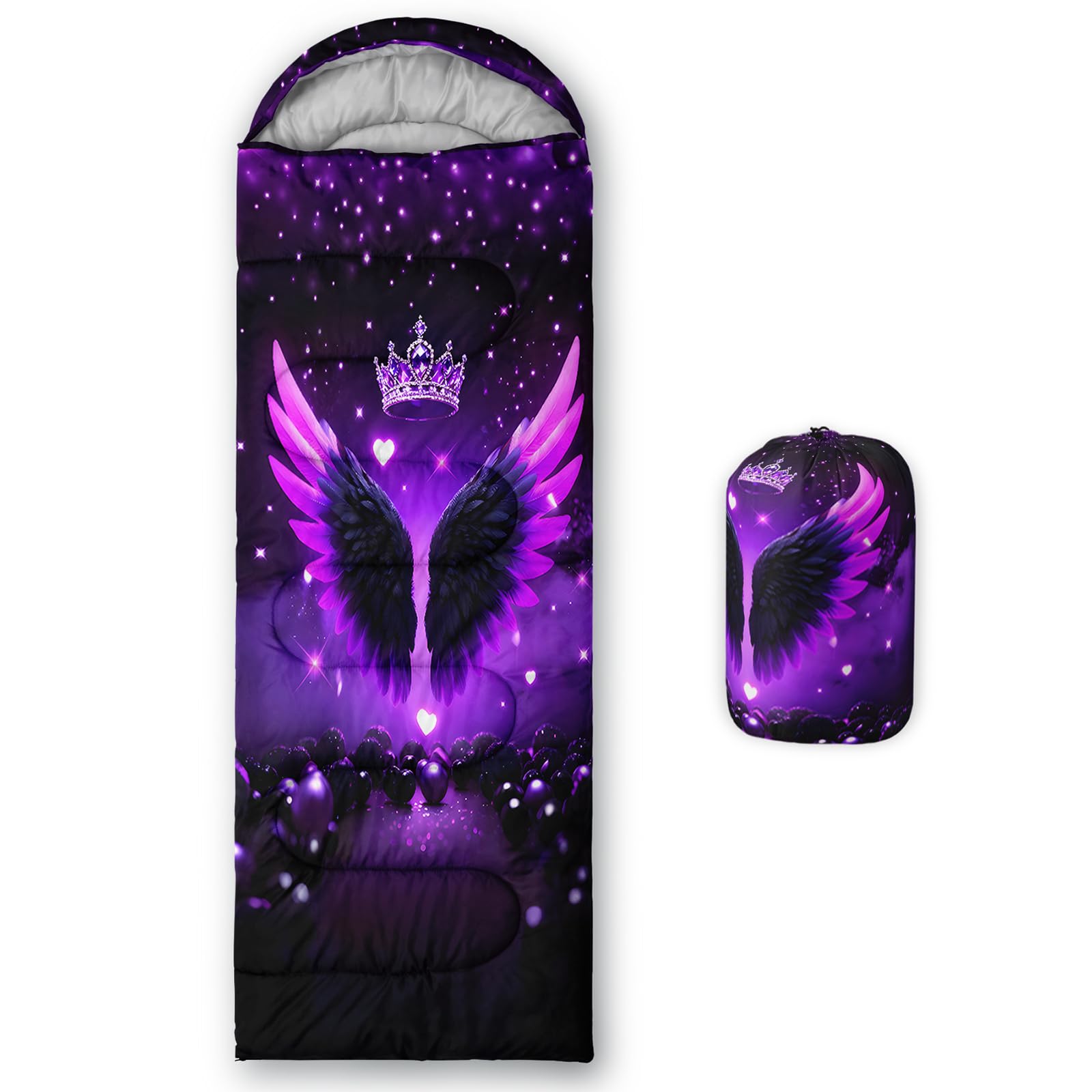 QOOMO Cartoon Winged Crown Waterproof Sleeping Bags for Adults & Kids,Printed Camping Sleeping Bags, 3 Season Warm & Cool Weather,Lightweight,Traveling,and Outdoors,Camping Gear Equipment,31x90inch