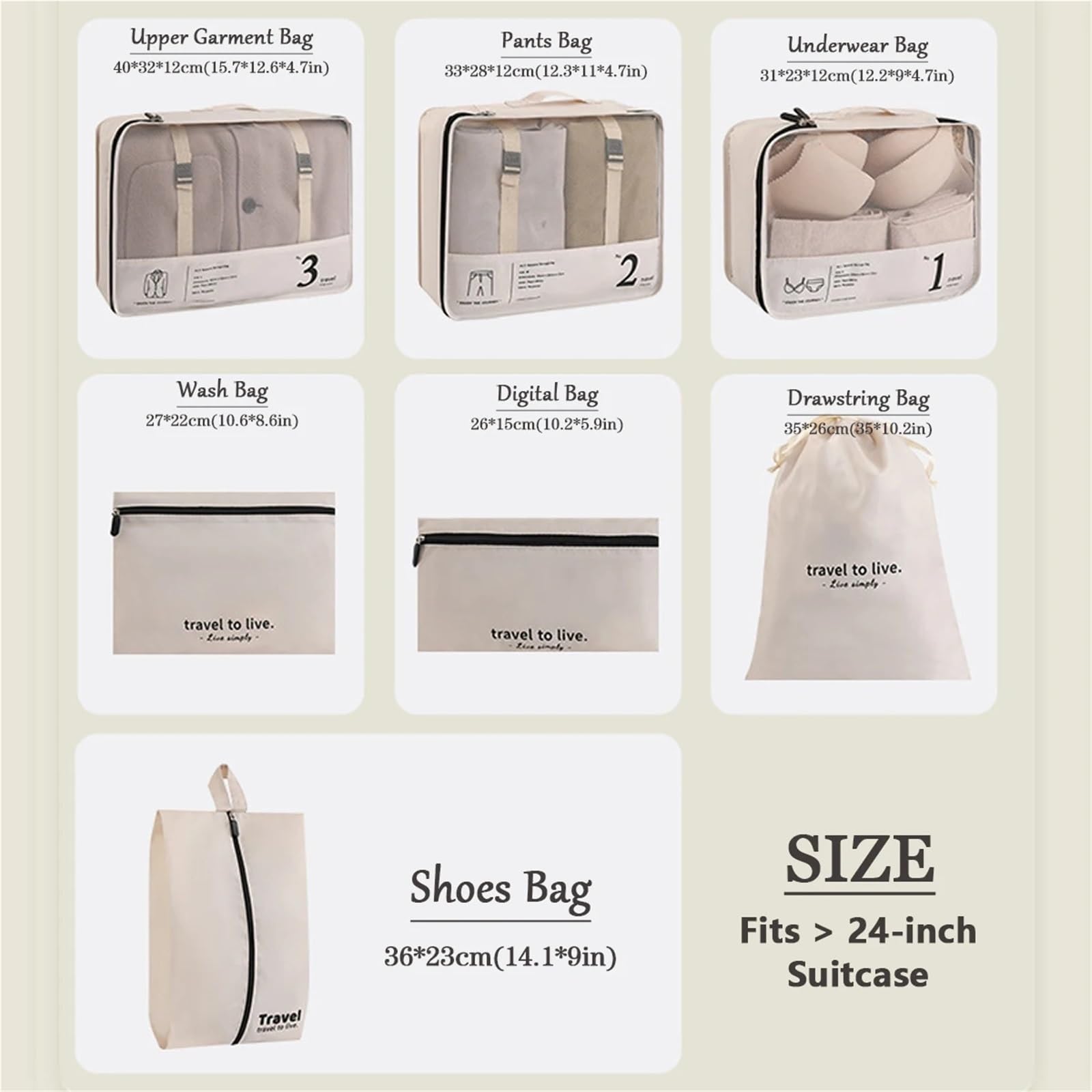 Set di 7 cubi da viaggio organizer, borse leggere e versatili per Vestiti, Scarpe, Cosmetici(WHITE)