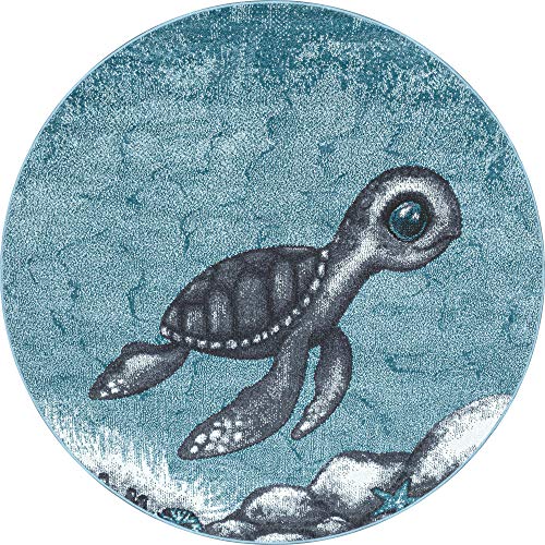 Carpetsale24 Kinderteppich Modern Schildkröten Design Blau und Grau 160 cm Rund - Kurzflor Teppich Kinderzimmer Waschbarer Spielteppich Babyteppich für Junge und Mädchen Weich und Antiallergen Runder