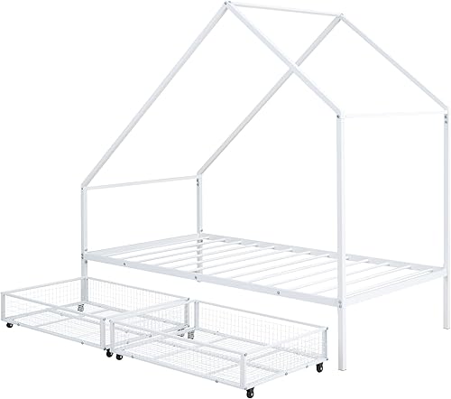 Miniatura 9 de Cama Montessori de metal individual con cajones de almacenamiento, base de cama de plataforma de tamaño individual con techo, cama de tienda, cama