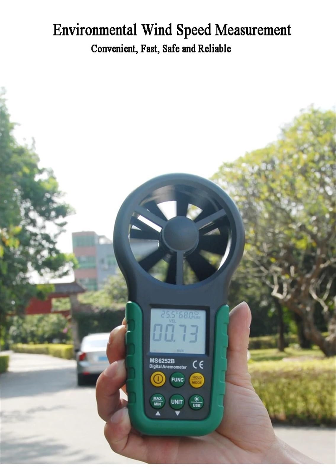 Anemómetro, Anemómetro digital LCD electrónico, medidor de velocidad del viento y volumen de aire con pantalla de temperatura y humedad.