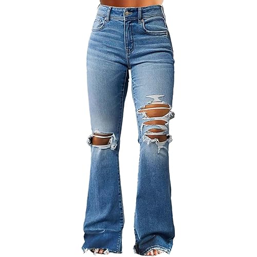 Flamingals Women's Ripped Bell Bottom Jeans Bootcut Mid Rise Stretchy Cut Out Denim Flare Jeans
