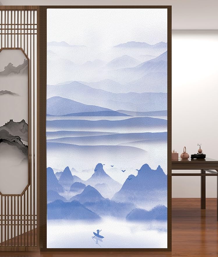Pellicola Adesiva Privacy Per Vetri Con Fiore Di Vaso Blu, 80x200 Cm, Effetto Smerigliato, Protezione UV