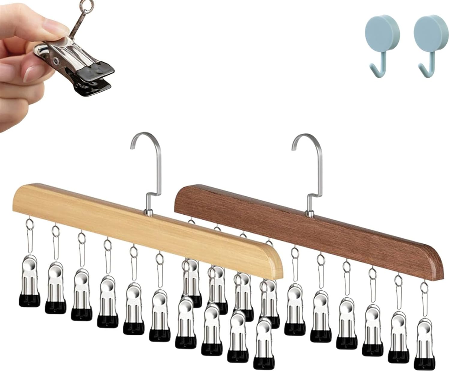 Closet Organizer with 10 Clips - Space Saving Hanging Closet Organizer, Wooden Skirt Pants Hangers with 360° Rotating Hook, Hat Organizer Forcloset, Adjustable Stainless Steelclips (Wood*3)