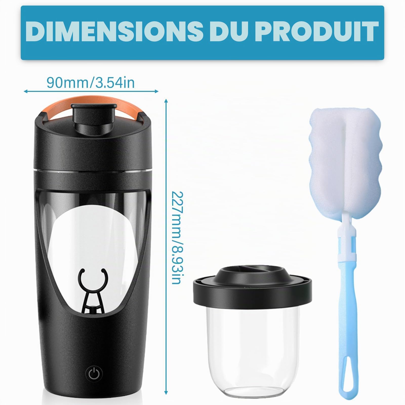 Shaker électrique, 700 ml avec compartiment à poudre, rechargeable par USB, mélangeur de protéines automatique avec brosse, noir