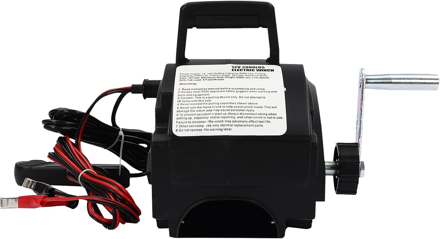 12V 300W Portable Electric Winch, 2000LB Remote Towing Hitch Truck Trailer Boat, Power-Out and Freewheel Operations for Boats with Hand Crank