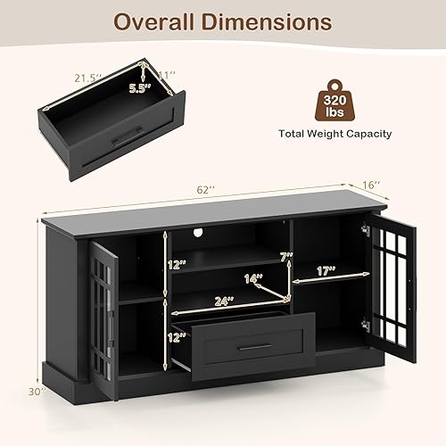 Miniatura 3 de Tangkula Mueble de TV Estilo Granja para TV de hasta 70 Pulgadas, Mesa Consola de Medios Alta con 2 Puertas de Cristal, Centro de Entretenimiento