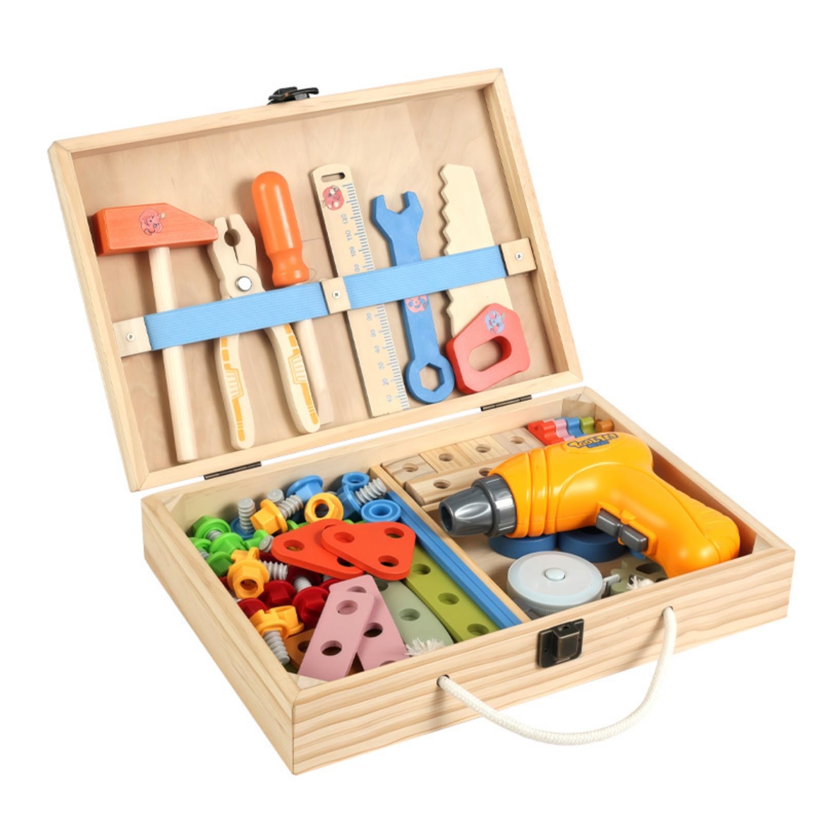 rockible Cassetta Degli Attrezzi per Bambini Kit Costruzione Ingranaggi Dadi Bulloni Martello Avvitatore Giocattolo in Legno E Plastica con Scomparti Ordinati