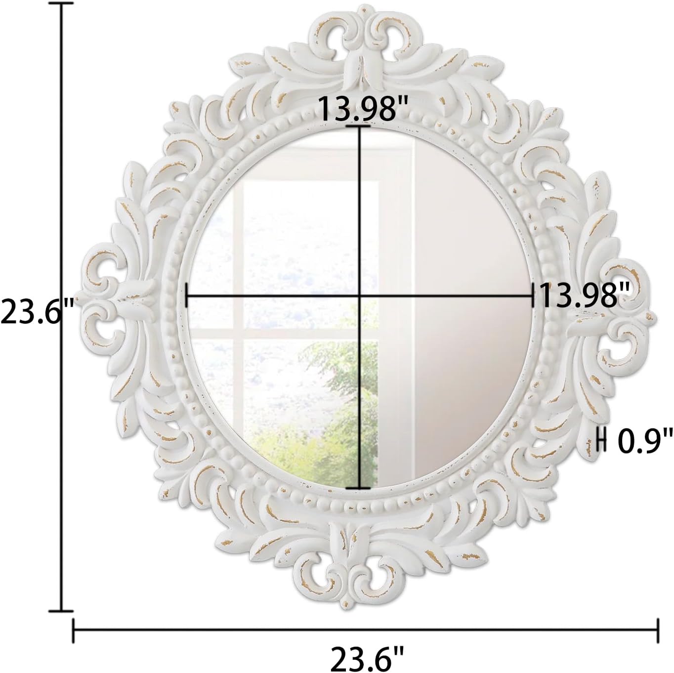 Vintage Circle Small Wall Mirror 24 Inch, Hanging Handmade Distressed White Carved Fleur De Lis Decorative Round Wood Antique Mirrors for Wall Decor Living Room Bathroom Hallway Entryway