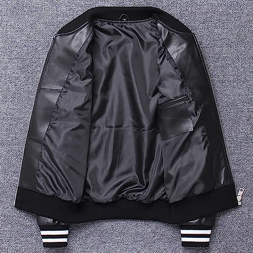 Men's Black Baseball Bomber Genuine Sheepskin Smooth Fashion Streetwear Casual Classic Lightweight Varsity Leather Jacket3