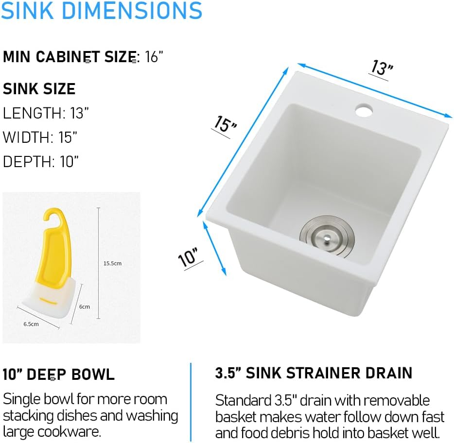 13x15 Inch Drop In Bar Sink, White Granite Composite Quartz Drop In Sink RV Wet Bar Prep Sink Quartz Topmount Single Bowl Kitchen Basin with Small Rubber Squeegee