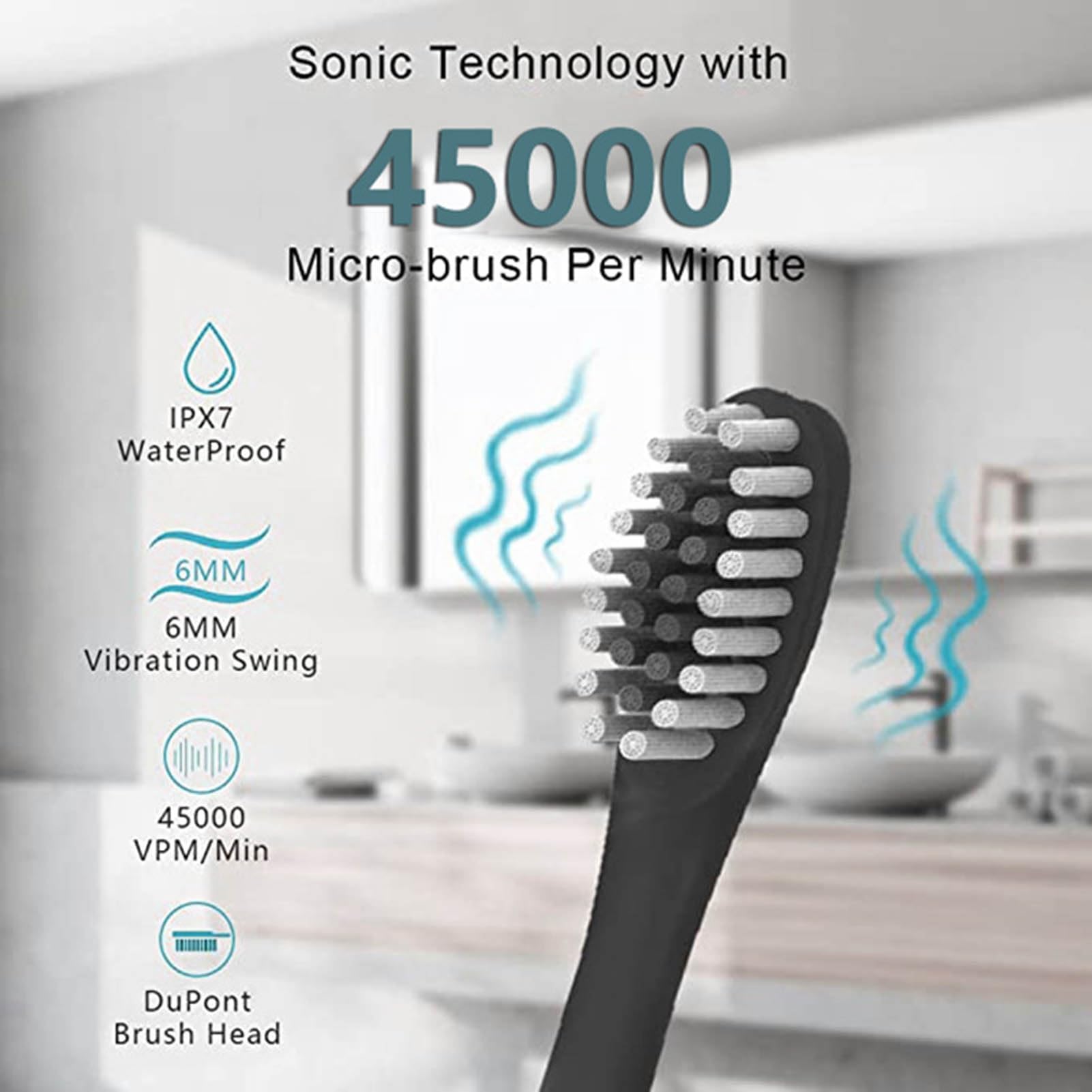 AOKID Spazzolino da denti elettrico, 6 modalità, 45000 vpm, con timer intelligente, portatile, veloce, ricaricabile, IPX7, impermeabile, per donne e uomini, da viaggio, rosa