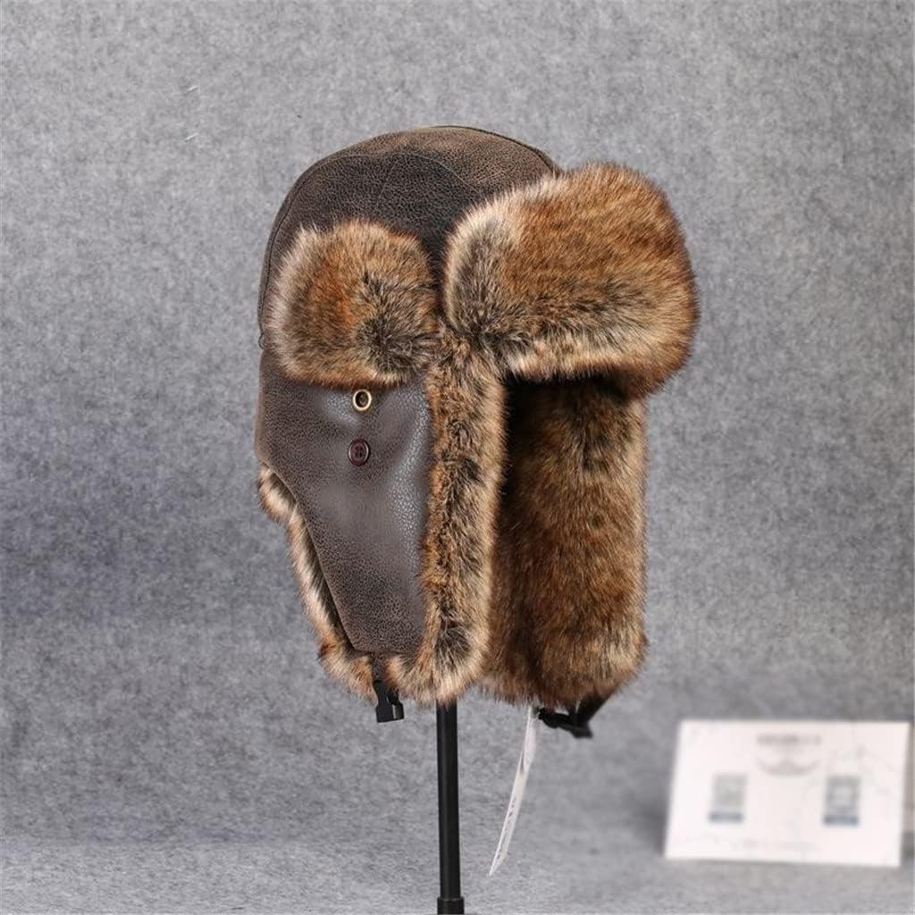 Men Leather Hat for Winter Imitation with Pom Ear Protect Bomber Hats Russian Cap Leifeng