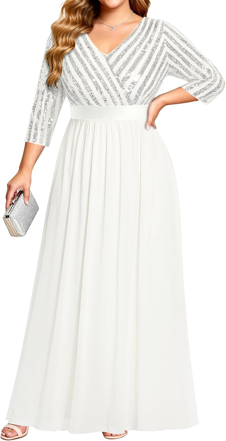 Womens Plus Size Formal Dresses - V Neck 3/4 Sleeve Sequin Prom Evening Gowns Long Maxi Dress