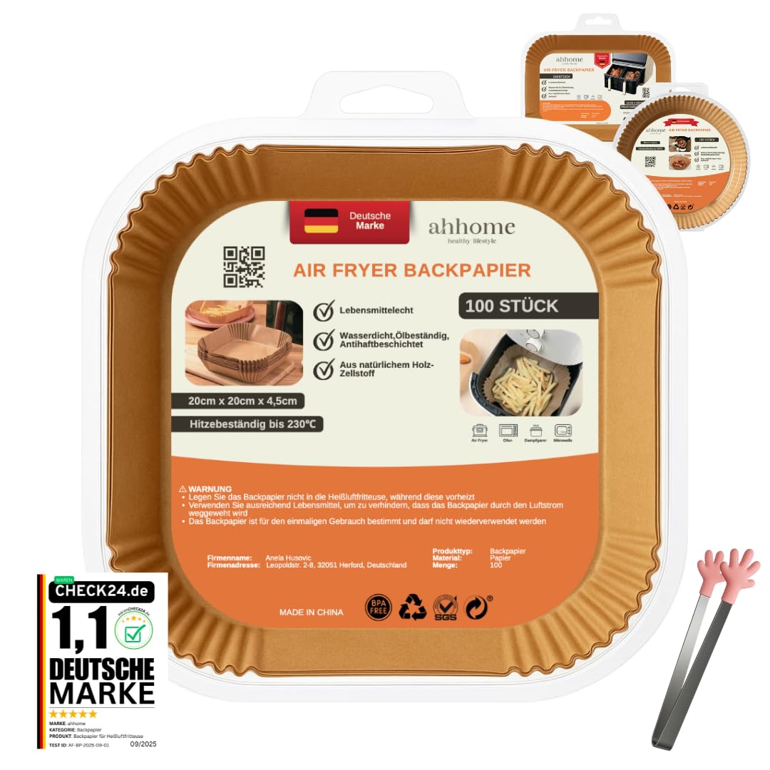 Backpapier für Heißluftfritteuse quadratisch 20–24 cm – ahhome Airfryer Backpapier, 100 Stück mit Zange, antihaft & BPA-frei, hitzebeständig bis 230 °C, lebensmittelecht – Einlegepapier Zubehör