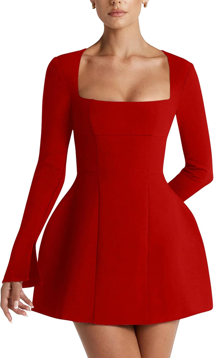 YMDUCH Women's Sexy Long Sleeve Square Neck A-Line Mini Club Prom Dress