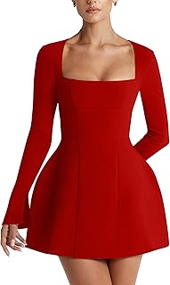 Women's Sexy Long Sleeve Square Neck A-Line Mini Club Prom Dress