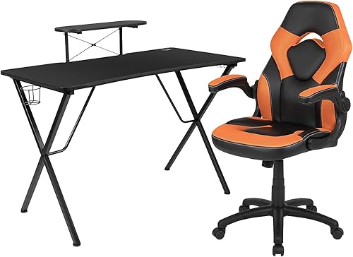 Miniatura 484 de Flash Furniture Juego de escritorio para juegos negro y silla de carreras blanco/negro con soporte para tazas, gancho para auriculares y soporte