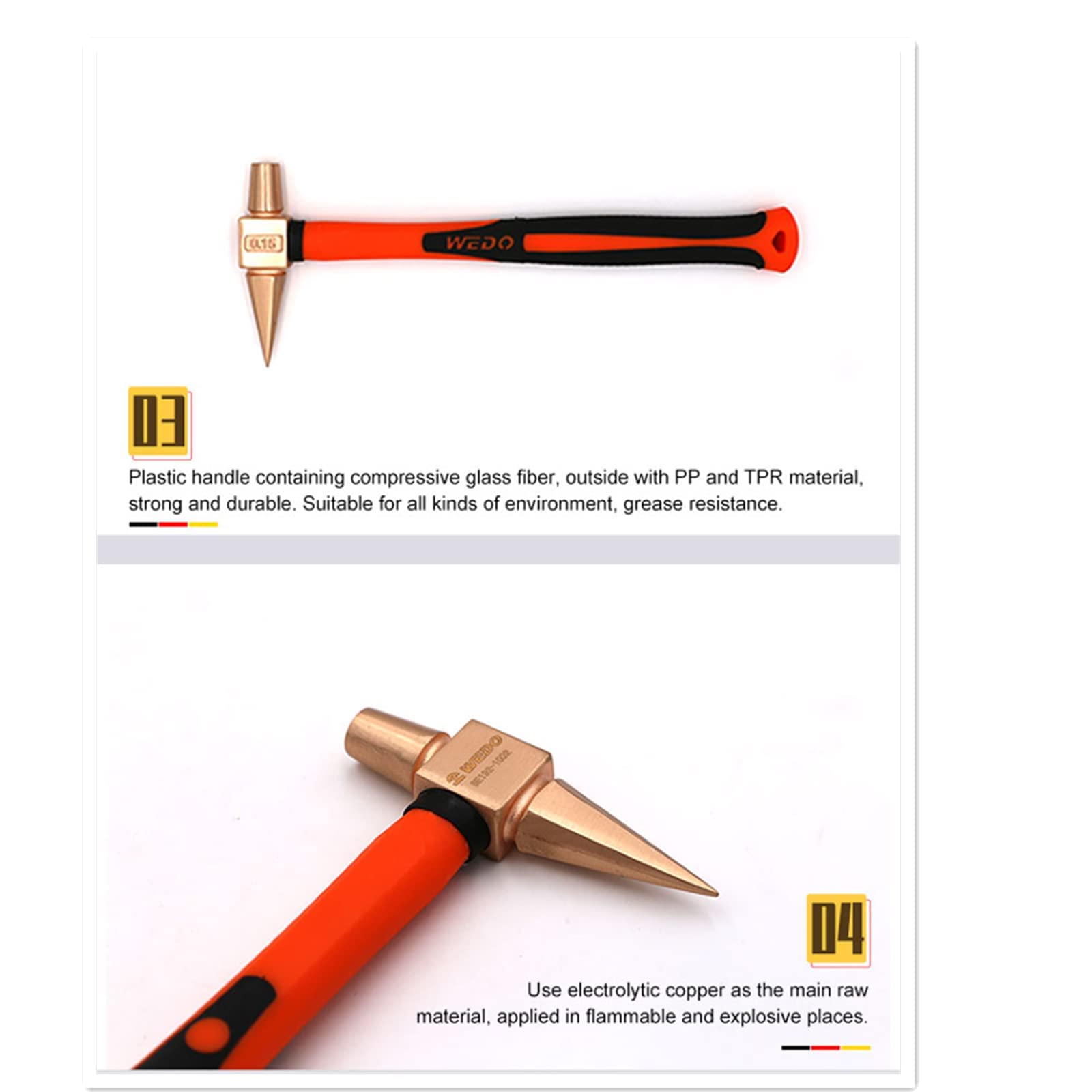 WEDO Martillo de prueba no parpadeante, sin chispas, Martillo de Inercia, mango de fibra de vidrio, no magnético, cobre de berilio, norma DIN, certificado BAM/FM, 280 mm, 250 g