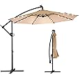 EAST OAK Patio Umbrella, 10 ft Outdoor Offset Umbrella with 8 Ribs, 40 LED Solar Lights and Crank, Aluminum Pole and UPF 50+ Fade Resistant for Garden, Deck and Poolside, Tan