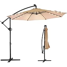 EAST OAK Patio Umbrella, 10 ft Outdoor Offset Umbrella with 8 Ribs, 40 LED Solar Lights and Crank, Aluminum Pole and UPF 50+ Fade Resistant for Garden, Deck and Poolside, Tan