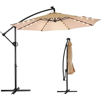 EAST OAK Patio Umbrella, 10 ft Outdoor Offset Umbrella with 8 Ribs, 40 LED Solar Lights and Crank, Aluminum Pole and UPF 50+ Fade Resistant for Garden, Deck and Poolside, Tan