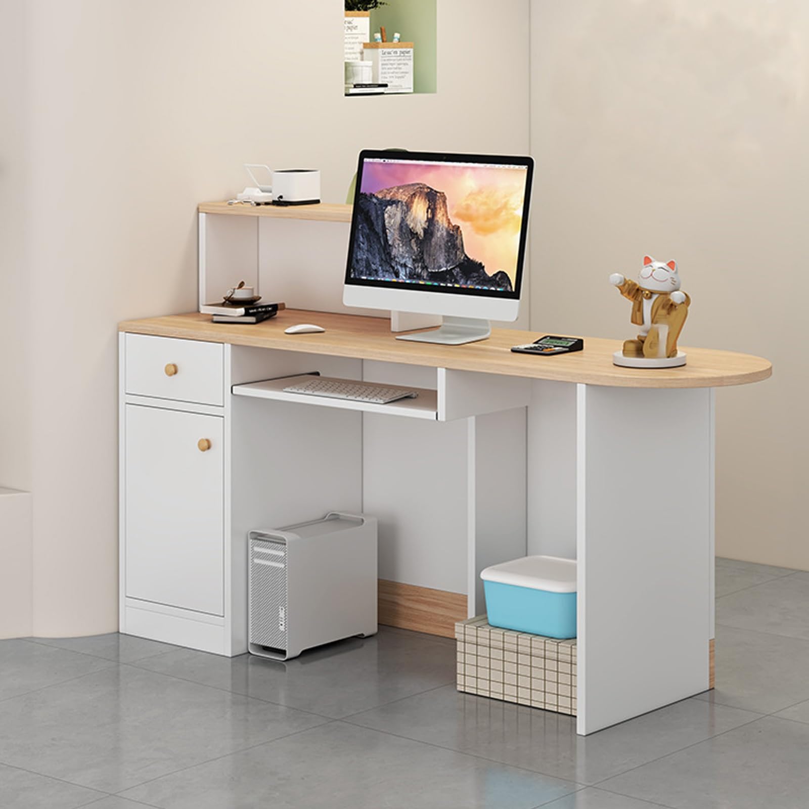 Scrivania moderna da incasso con serratura in legno bianco e legno Worpace, 120 cm, per uffici e aziende
