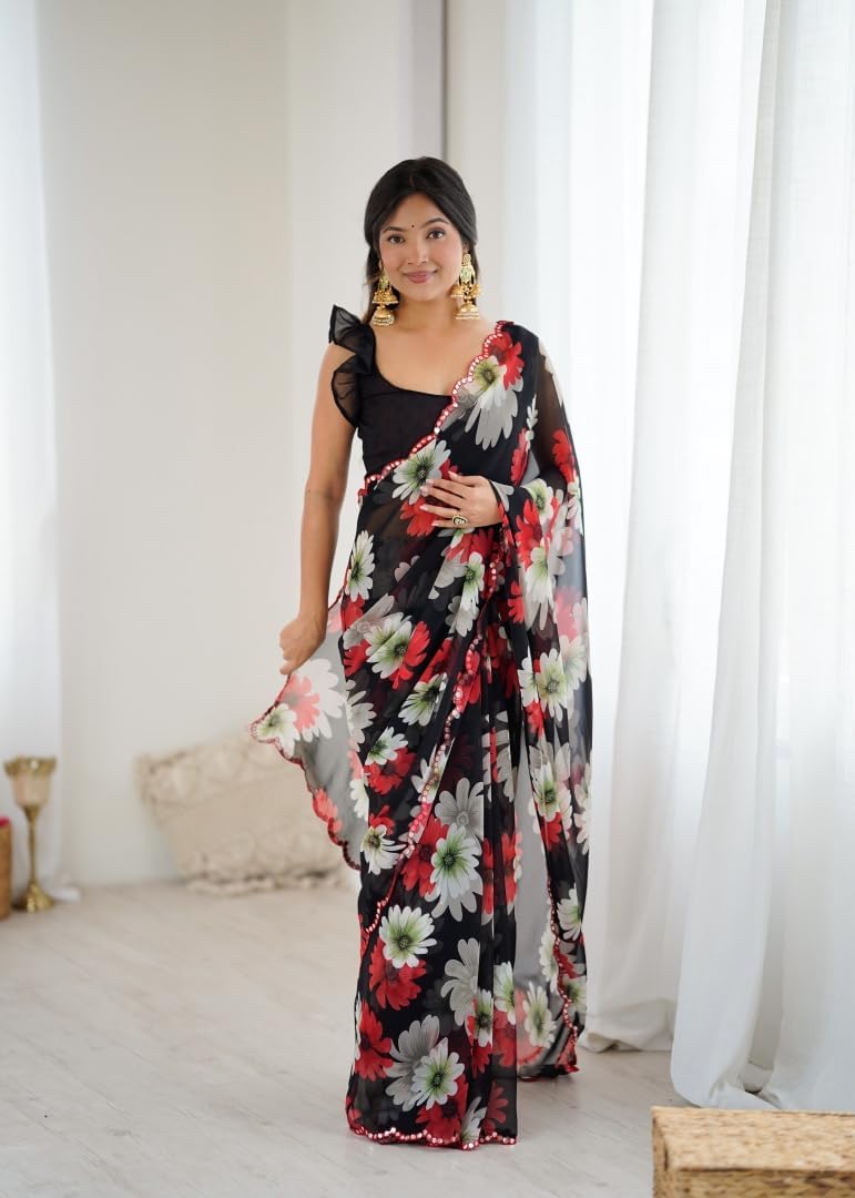 MOHIT CREATIONS Women's Wear Georgette Printed Saree With Paper Mirror Work and Unstitched Blouse Piece