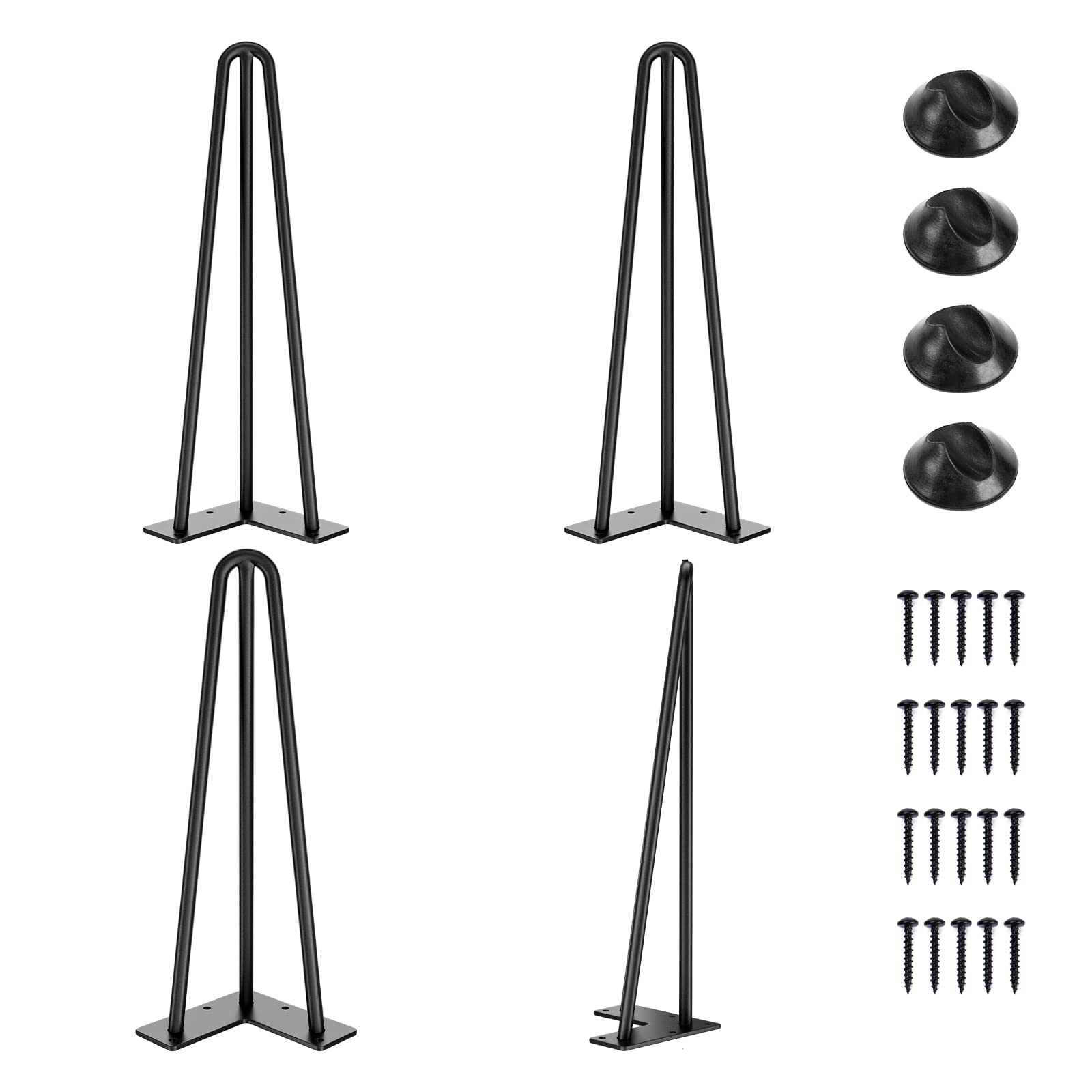 SMARTSTANDARD 16 Inch Hollow Hairpin Furniture Legs, 1/2'' 3 Rods, Metal Home DIY Projects for Nightstand, Coffee Table, Dresser with Rubber Floor Protectors, Black, 4PCS