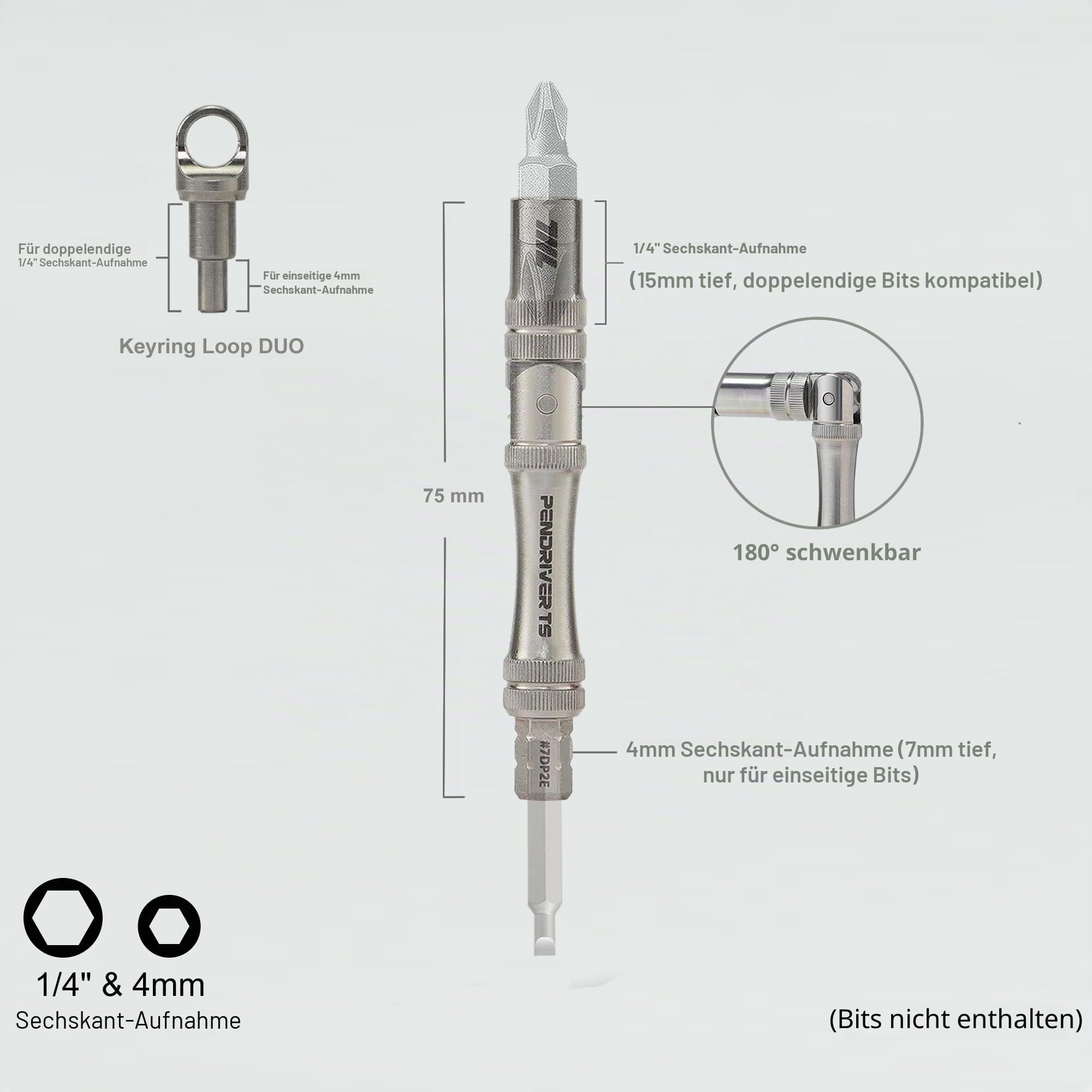 711L Pen Driver TS – kompakter EDC-Bit-Treiber mit faltbarem L-Griff und Schlüsselband-Lochkappe, kompatibel mit 4-mm-Bits und 6,35 mm doppelseitigen Bits | 7DP2E