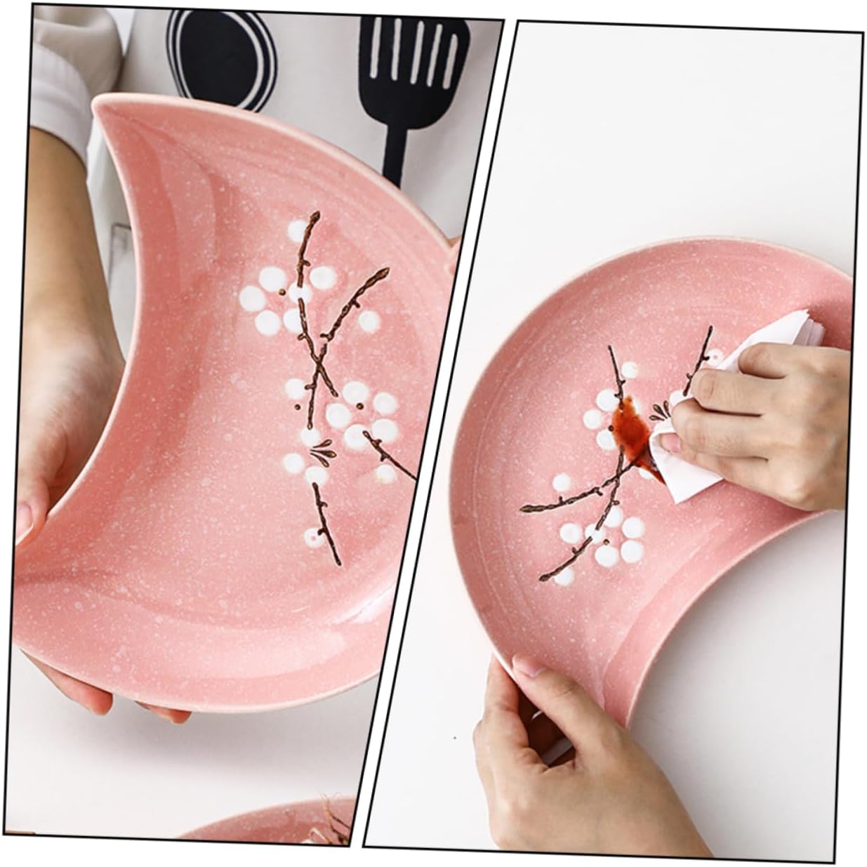 Unomor 2pcs Creative Moon Shape Sushi Plates Japanese Style Ceramic Dish for Home and Party Practical Storage Tray for Seafood and Desserts Pink Color