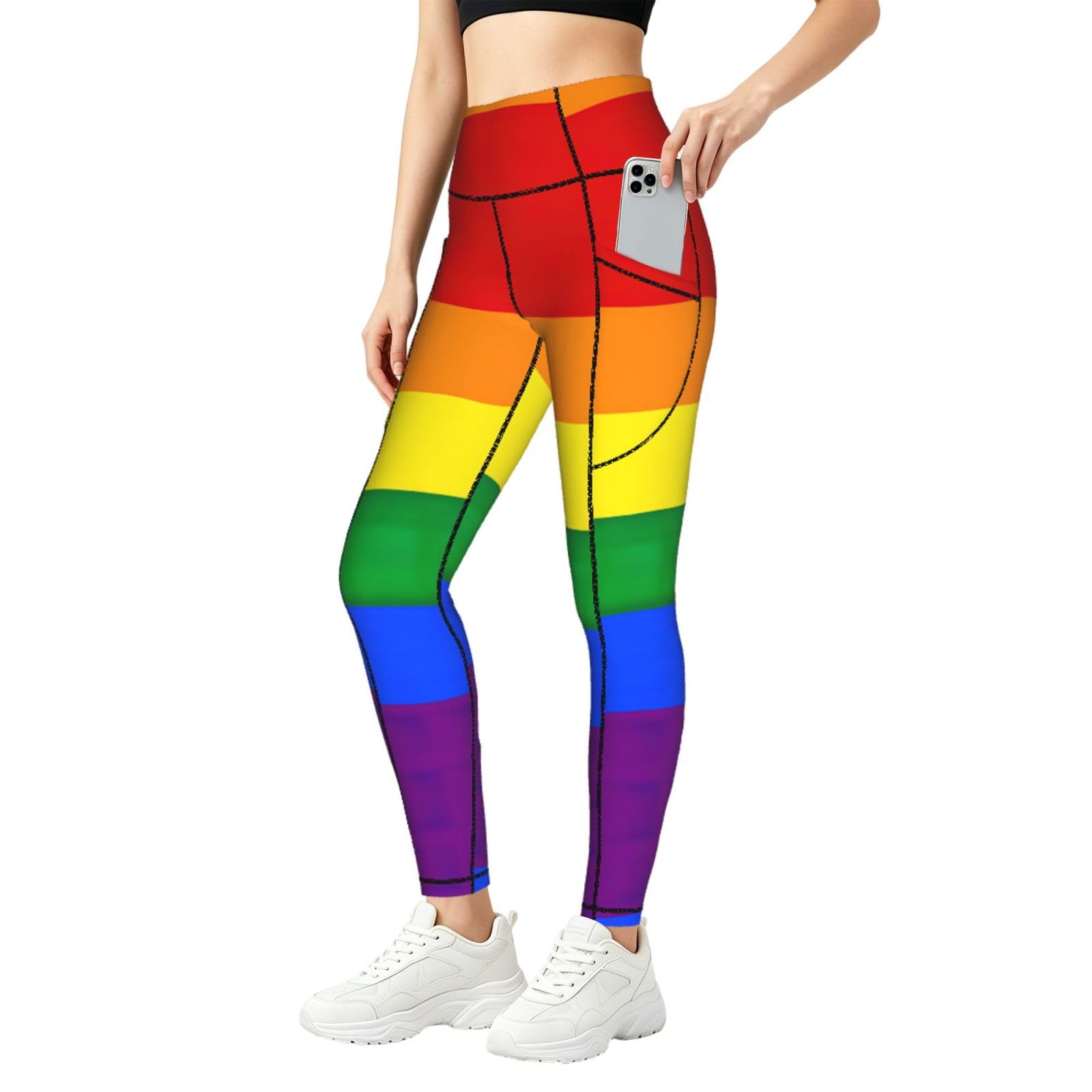 Leggings cómodos de cintura alta para mujer con estampado arcoíris y bolsillos 8