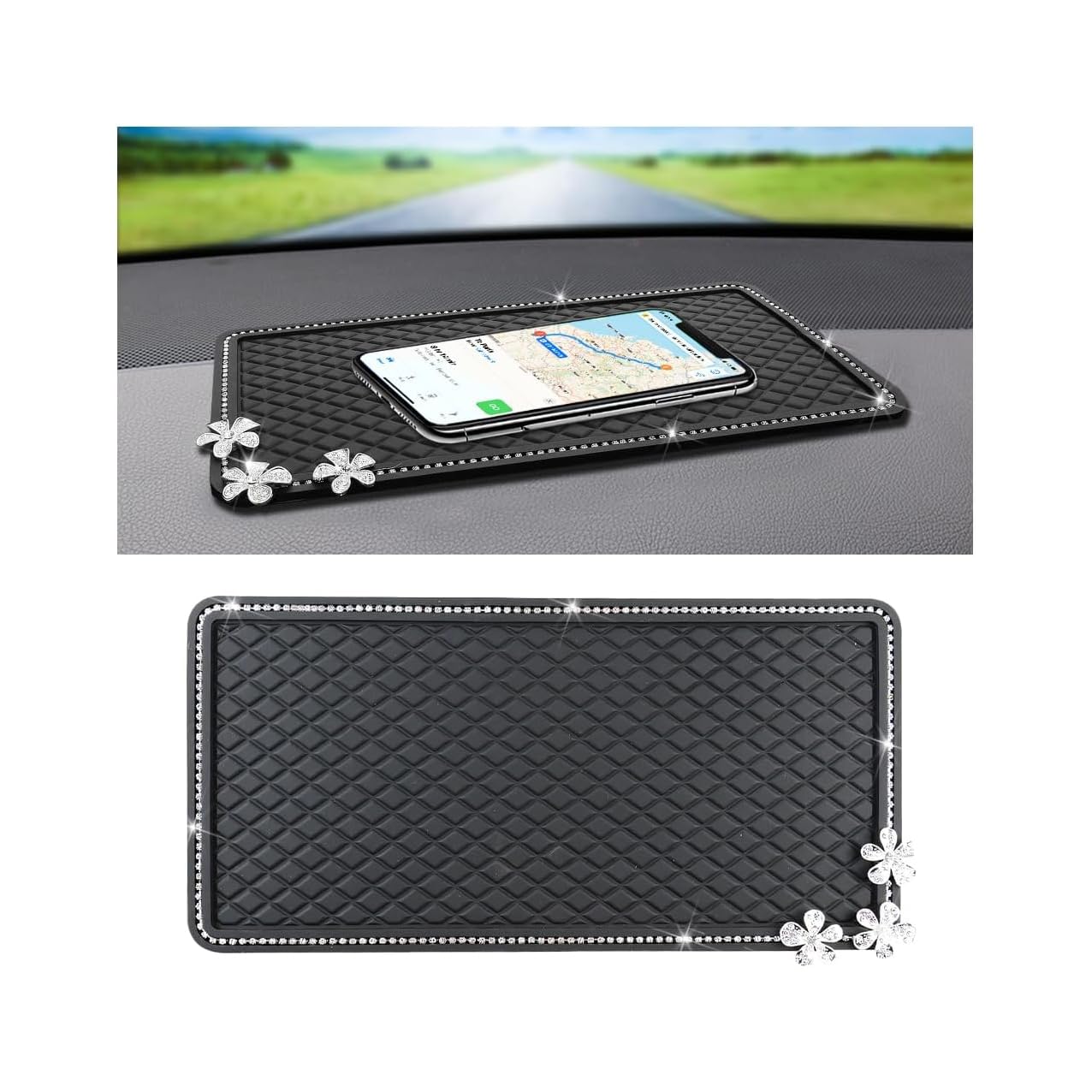 HZEL Bling Car Dashboard Non Slip Mat, Crystal Rhinestone Vehicle Dash Grip Pad Pad for Phone Sunglasses Electronic Devices, Diamond Sticky Automotive