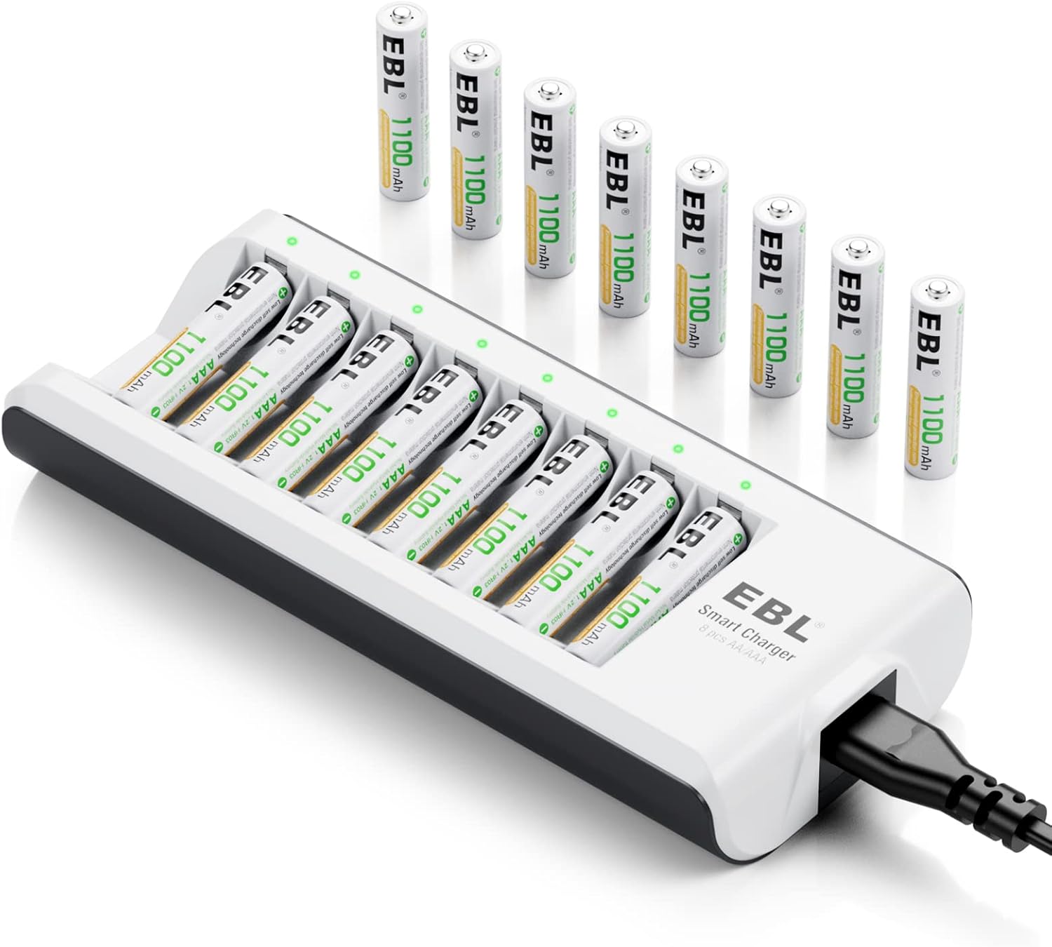EBL 16-Pack 1100mAh AAA Rechargeable NiMH Batteries 1.2V with 8-Bay Smart Charger - Long-Lasting Low Self-Discharge Power
