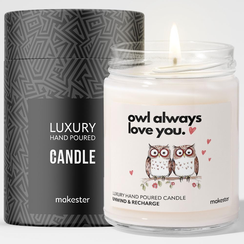 Owl Gifts - Luxury Soy Wax Candle - Vanilla, Jasmine, Sugared Almond - Makester, White