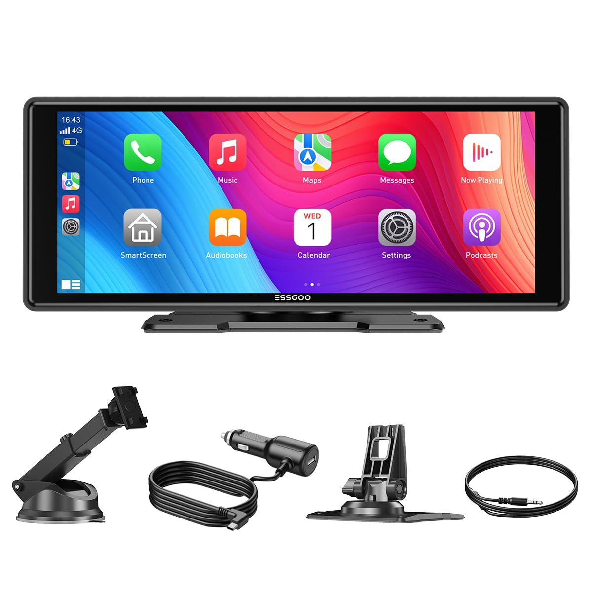 ESSGOO Pantalla de reproducción inalámbrica de coche de 10.26 pulgadas para A-pple Carplay Android Auto Portable HD pantalla táctil Mirror Link Bluetooth 5.3 Siri G-oogle Assistant Support AUX FM