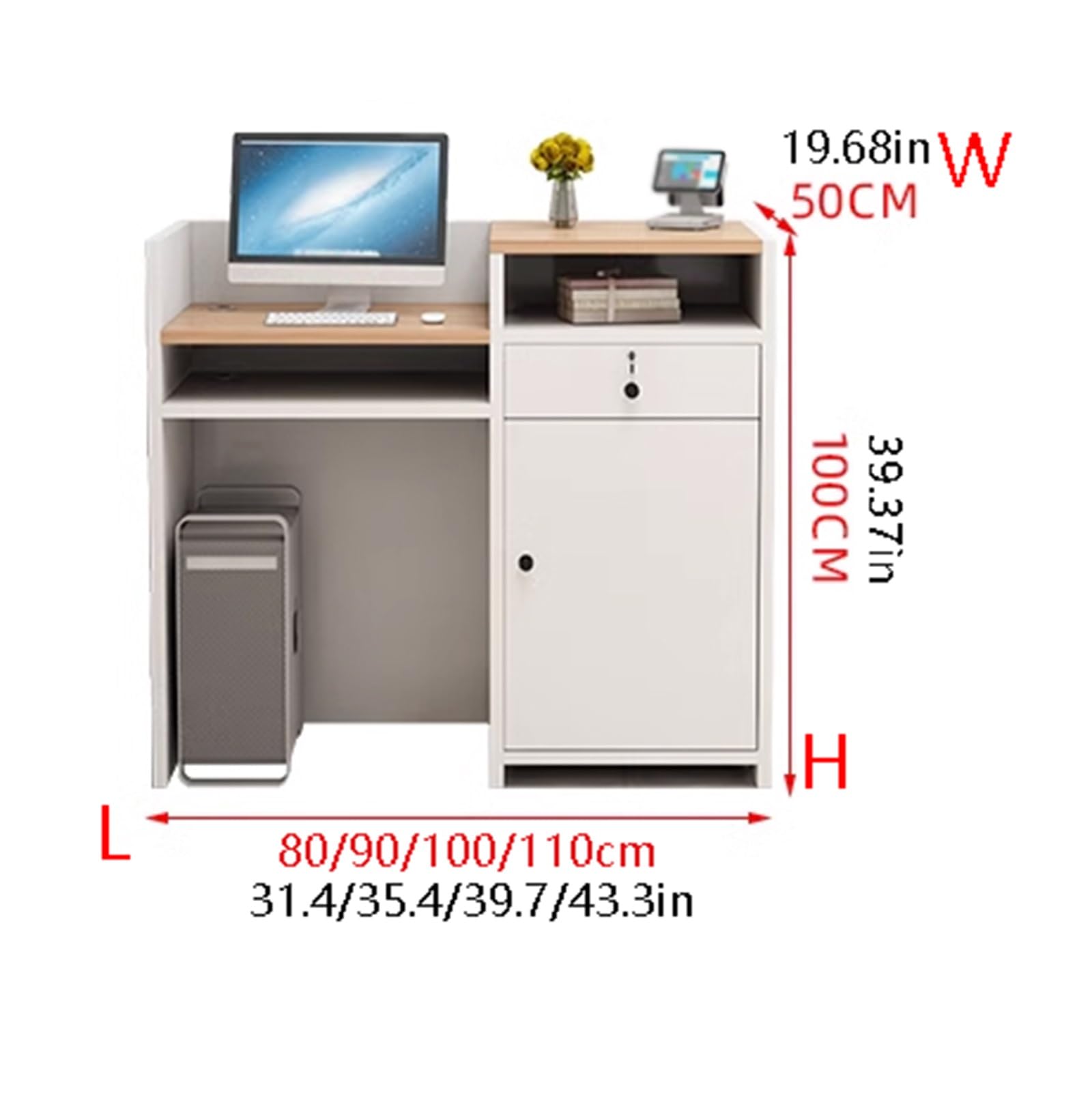 Scrivania multifunzionale per reception, con cassetti chiudibili, bancone di benvenuto per ufficio, per aziende, hotel e negozi di abbigliamento (L100 cm), elegante soluzione di archiviazione